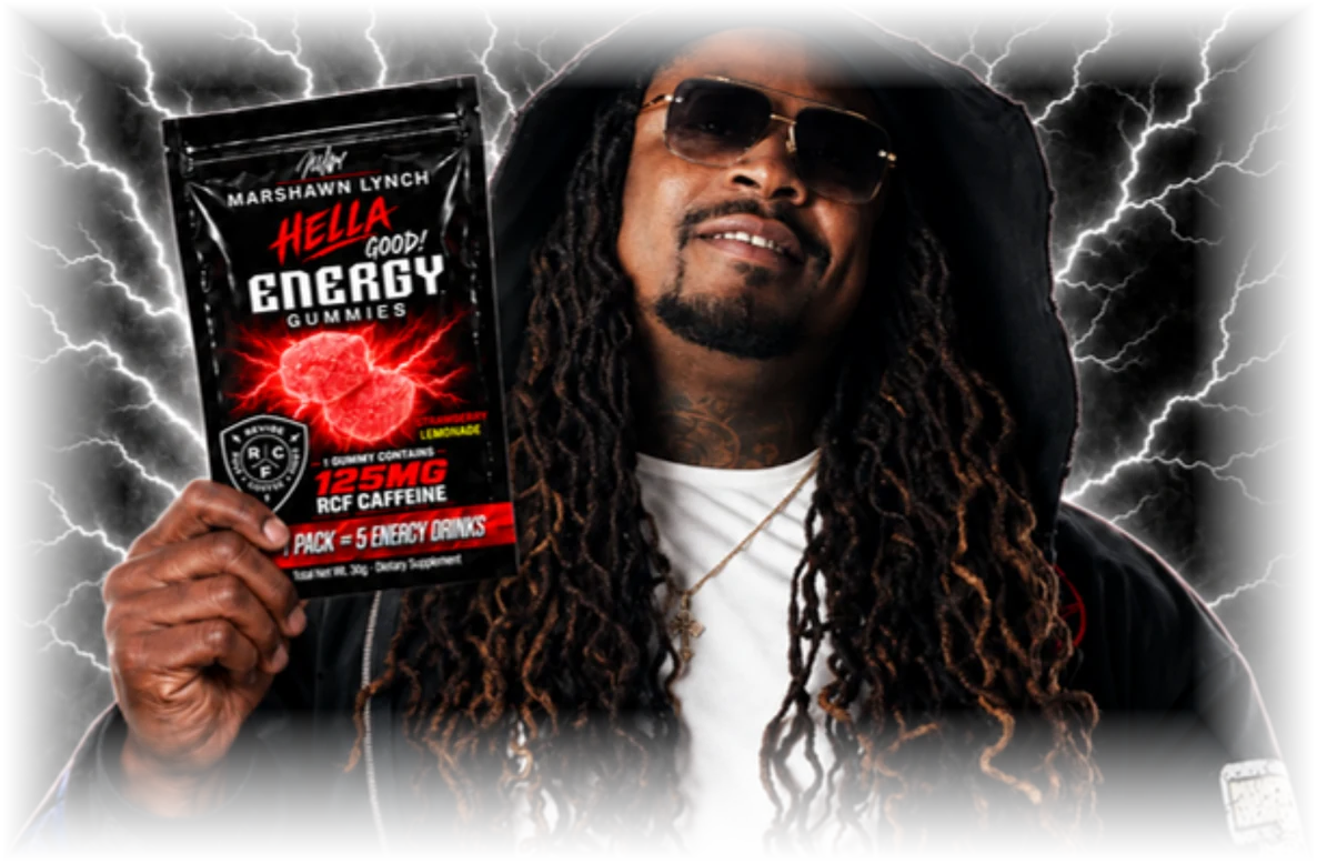 Marshawn Lynch holding a pack of Strawberry Lemonade HELLA GOOD! Energy Gummies