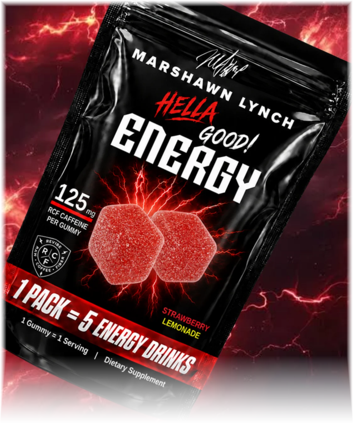 Strawberry Lemonade pack reading 1 gummy contains 125mg RCF caffeine and 1 pack equals 5 energy drinks
